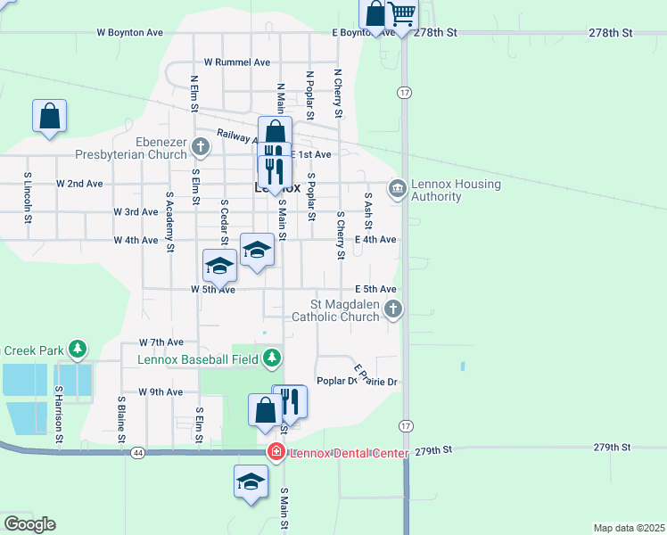 map of restaurants, bars, coffee shops, grocery stores, and more near 421 South Cherry Street in Lennox