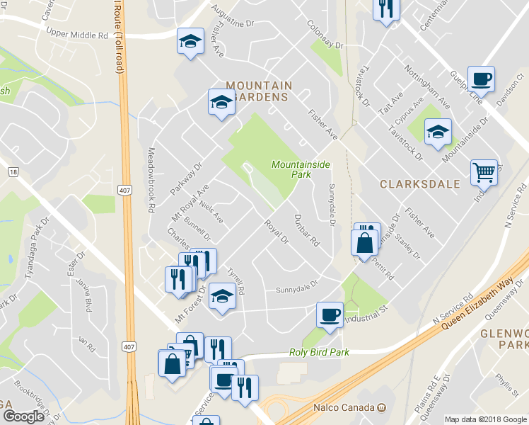 map of restaurants, bars, coffee shops, grocery stores, and more near 1327 Royal Drive in Burlington