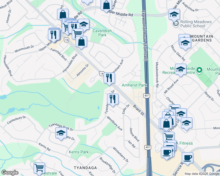 map of restaurants, bars, coffee shops, grocery stores, and more near 1455 Tyandaga Park Drive in Burlington