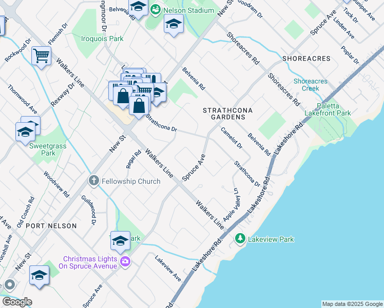 map of restaurants, bars, coffee shops, grocery stores, and more near Arden Crescent in Burlington