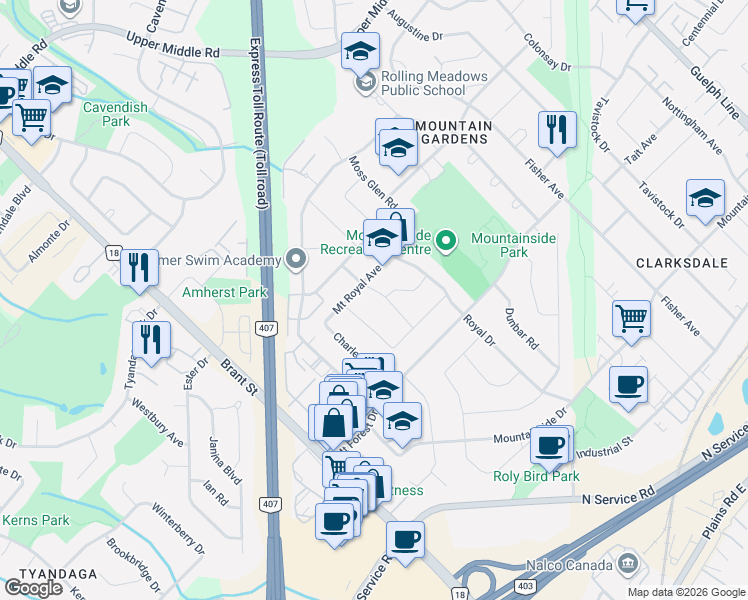 map of restaurants, bars, coffee shops, grocery stores, and more near 1396 Niels Avenue in Burlington