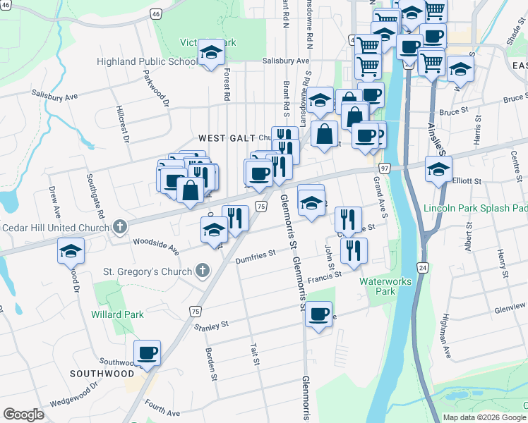 map of restaurants, bars, coffee shops, grocery stores, and more near 153 Saint Andrews Street in Cambridge