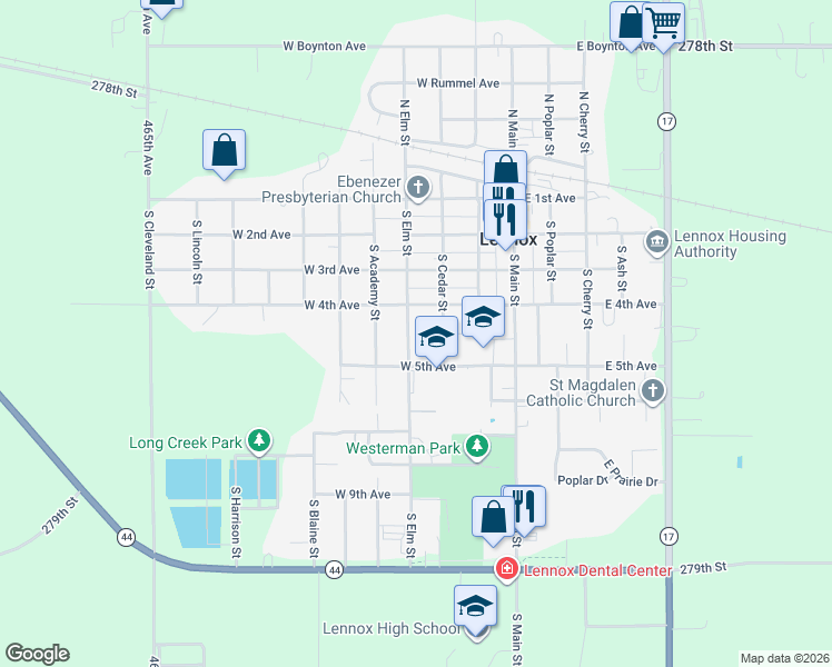 map of restaurants, bars, coffee shops, grocery stores, and more near 416 South Elm Street in Lennox