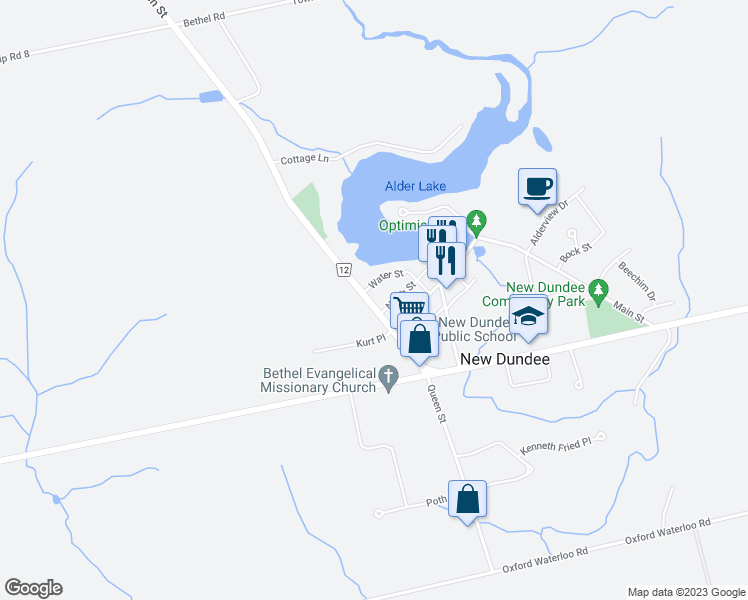 map of restaurants, bars, coffee shops, grocery stores, and more near 1207 Queen Street North in Wilmot