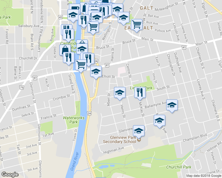 map of restaurants, bars, coffee shops, grocery stores, and more near 36 Birch Street in Cambridge