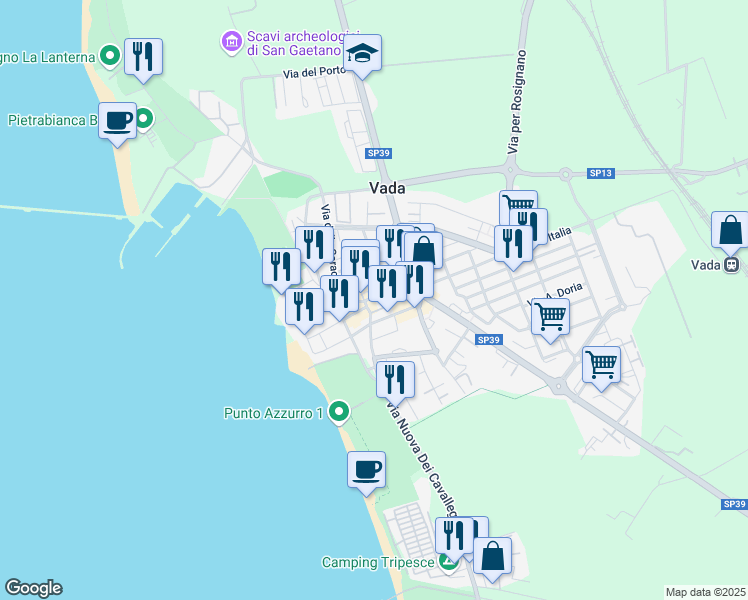 map of restaurants, bars, coffee shops, grocery stores, and more near 49 Piazza Garibaldi in Vada