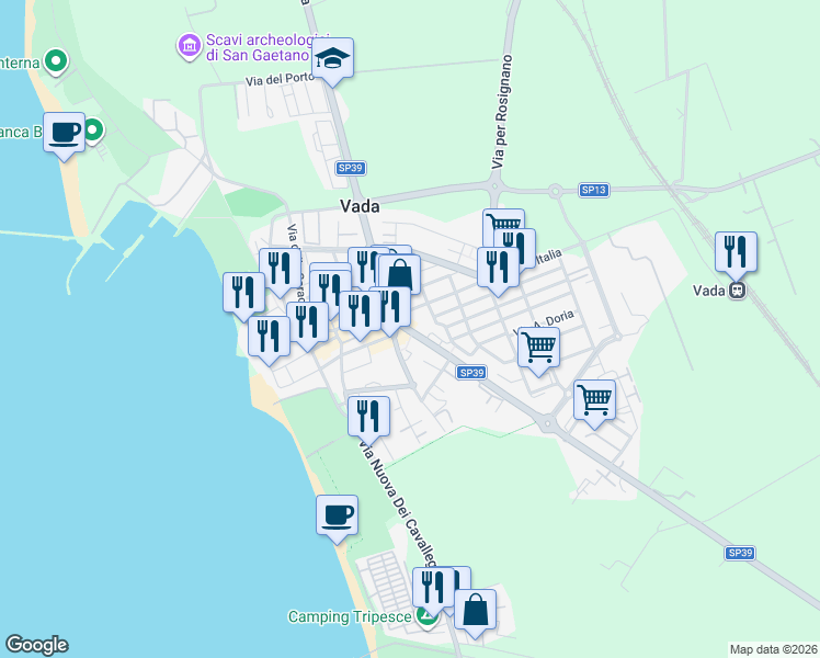 map of restaurants, bars, coffee shops, grocery stores, and more near 21 Viale Italia in Vada