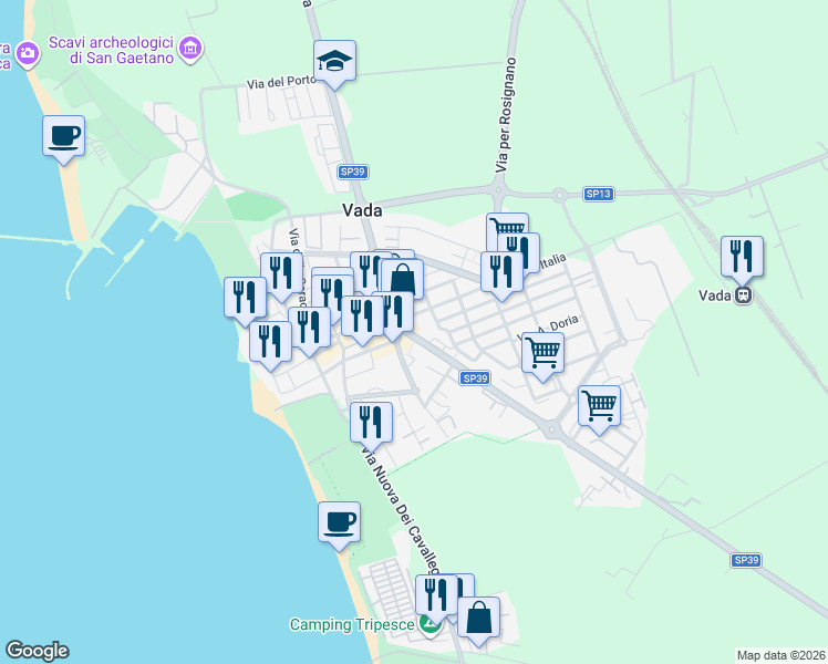 map of restaurants, bars, coffee shops, grocery stores, and more near 21 Viale Italia in Vada