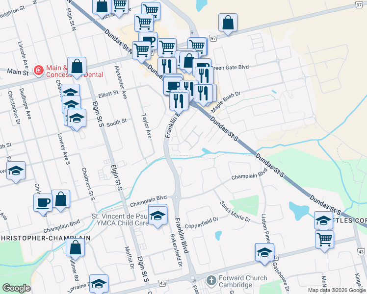 map of restaurants, bars, coffee shops, grocery stores, and more near 75 Morning Calm Drive in Cambridge