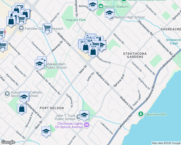 map of restaurants, bars, coffee shops, grocery stores, and more near 3521 Regal Road in Burlington