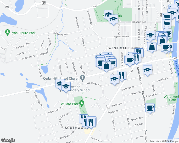 map of restaurants, bars, coffee shops, grocery stores, and more near 7 Donlea Drive in Cambridge