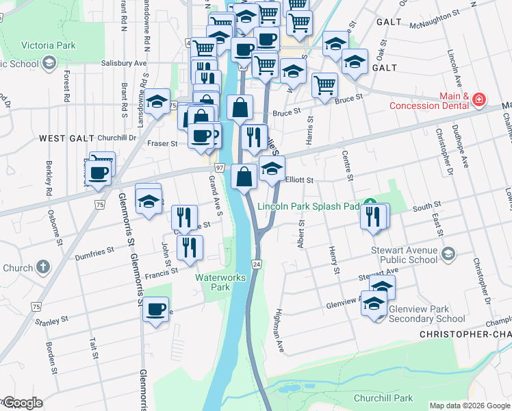 map of restaurants, bars, coffee shops, grocery stores, and more near 155 Water Street South in Cambridge