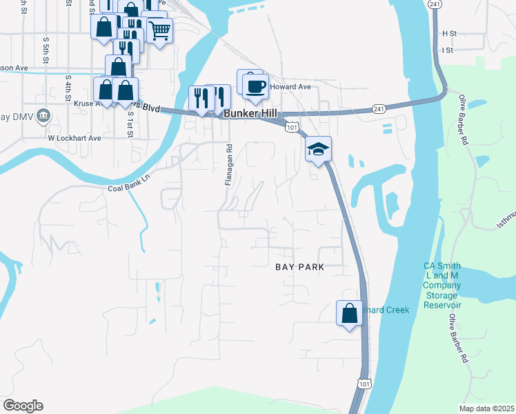 map of restaurants, bars, coffee shops, grocery stores, and more near 93742 Adams Lane in Coos Bay