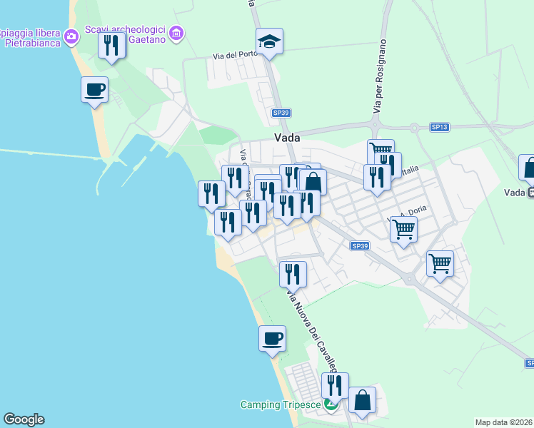 map of restaurants, bars, coffee shops, grocery stores, and more near 2B Via Capraia in Vada