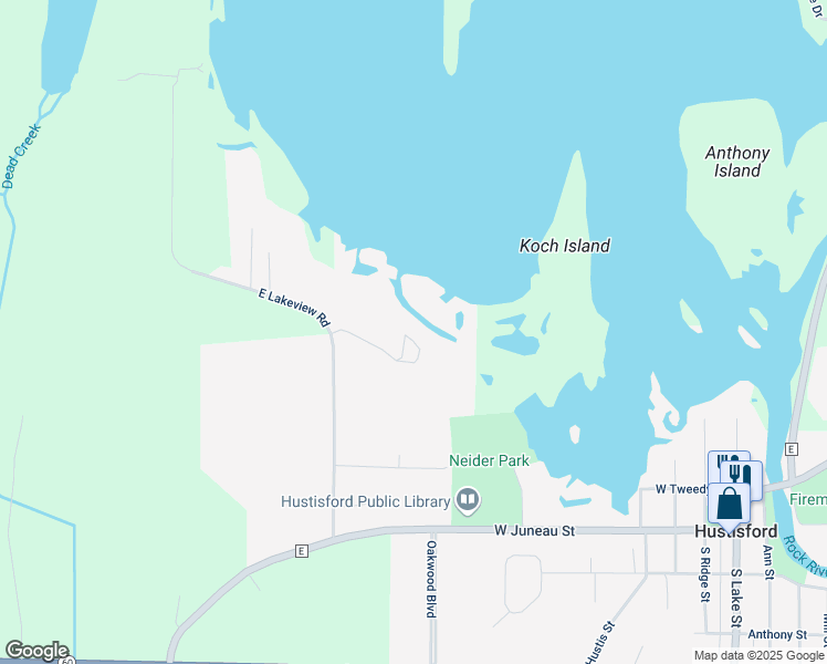 map of restaurants, bars, coffee shops, grocery stores, and more near 717 East Lakeview Road in Hustisford