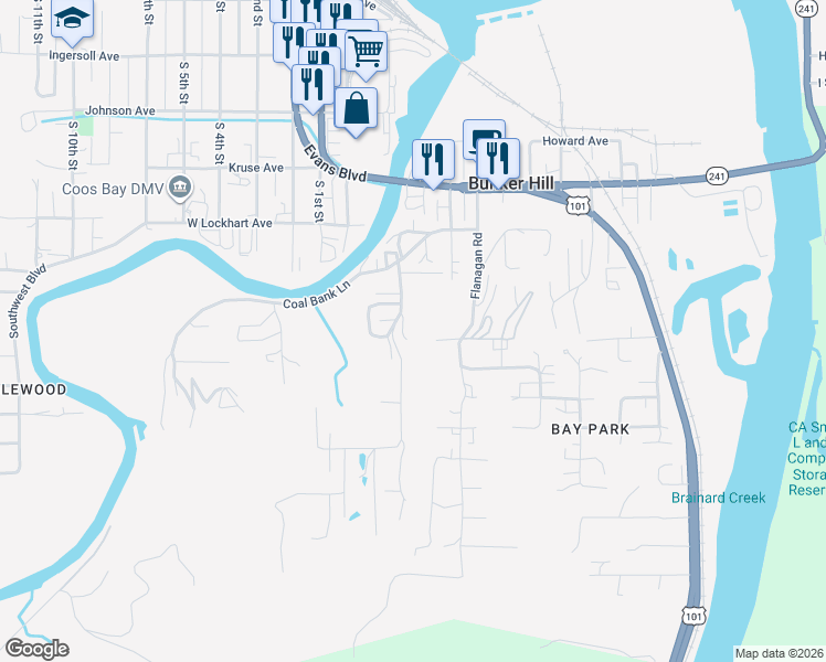 map of restaurants, bars, coffee shops, grocery stores, and more near 63633 Andrews Road in Coos Bay