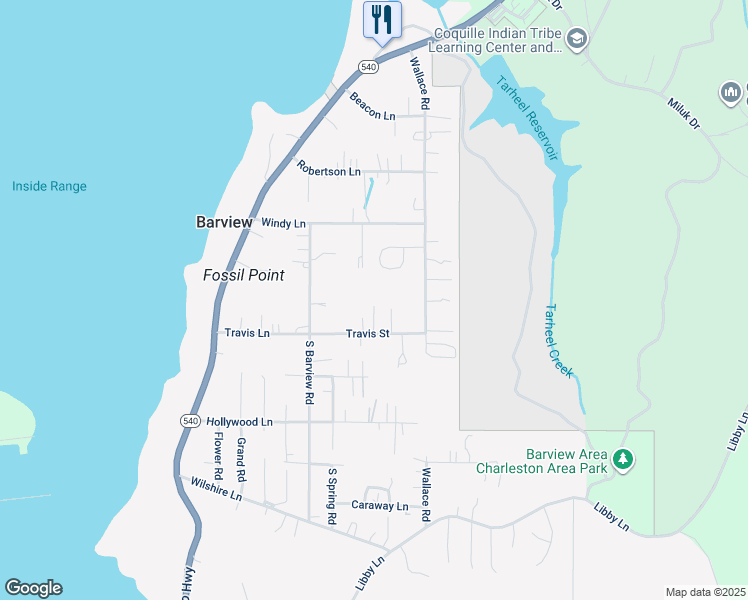 map of restaurants, bars, coffee shops, grocery stores, and more near 90901 Travis Lane in Coos Bay