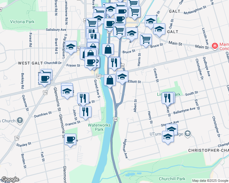 map of restaurants, bars, coffee shops, grocery stores, and more near 155 Water Street South in Cambridge