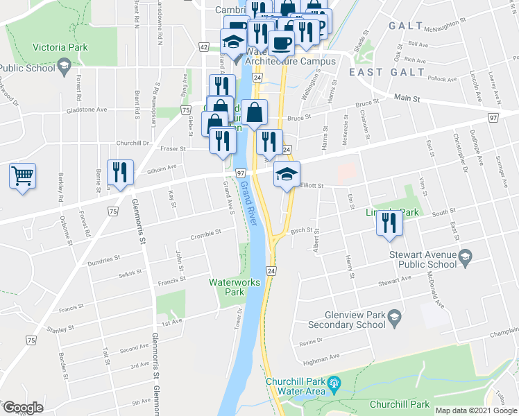 map of restaurants, bars, coffee shops, grocery stores, and more near 170 Water Street South in Cambridge