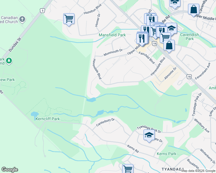 map of restaurants, bars, coffee shops, grocery stores, and more near 1168 Havendale Boulevard in Burlington