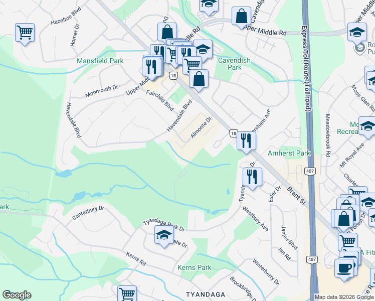 map of restaurants, bars, coffee shops, grocery stores, and more near 2092 Ellerston Common in Burlington