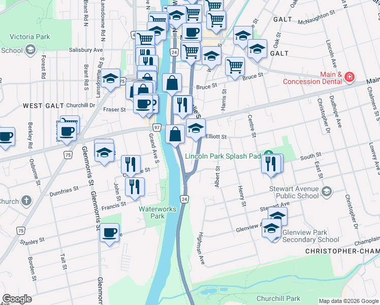 map of restaurants, bars, coffee shops, grocery stores, and more near 250 Ainslie Street South in Cambridge