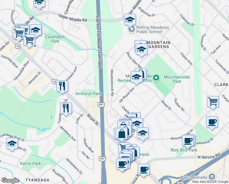 map of restaurants, bars, coffee shops, grocery stores, and more near 2101 Parkway Drive in Burlington