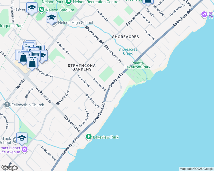 map of restaurants, bars, coffee shops, grocery stores, and more near 4163 Lakeshore Road in Burlington