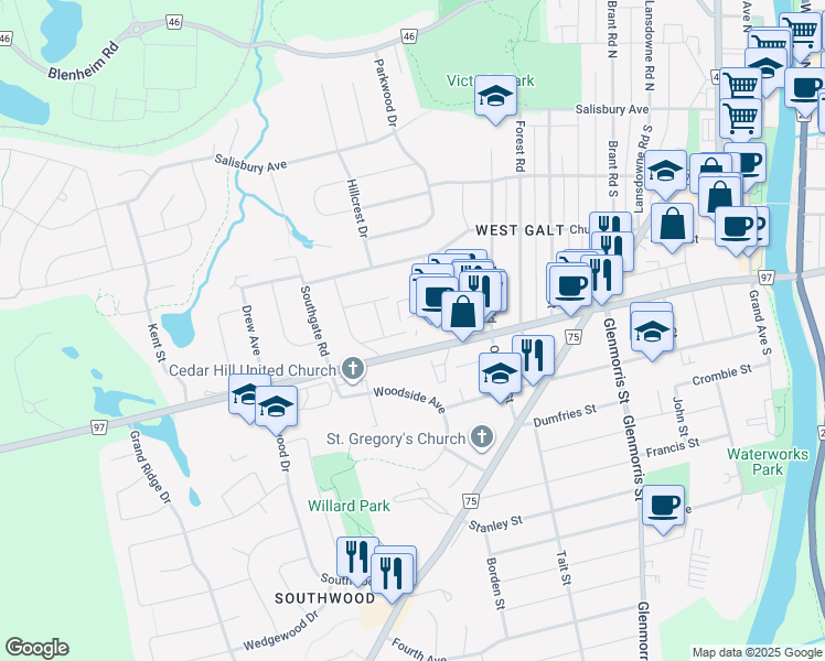 map of restaurants, bars, coffee shops, grocery stores, and more near 7 Donlea Drive in Cambridge
