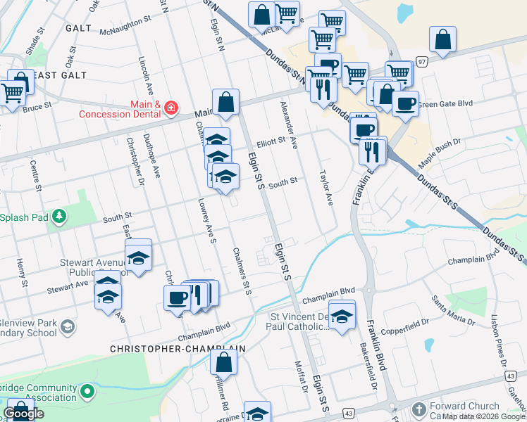 map of restaurants, bars, coffee shops, grocery stores, and more near 68 Elgin Street South in Cambridge