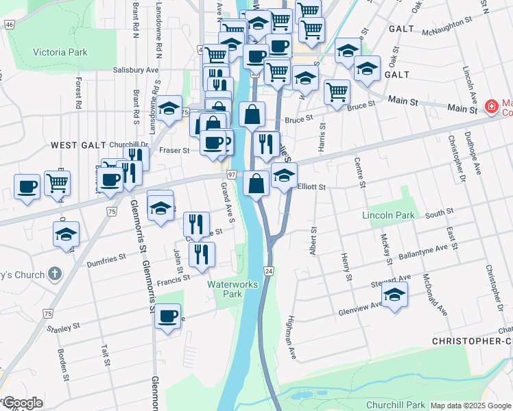 map of restaurants, bars, coffee shops, grocery stores, and more near 141 Grand Avenue South in Cambridge