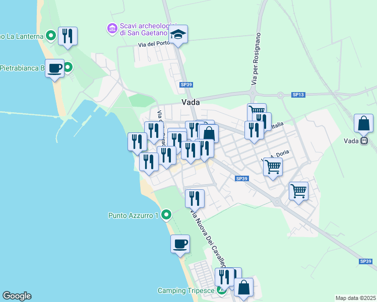 map of restaurants, bars, coffee shops, grocery stores, and more near 49 Piazza Garibaldi in Vada