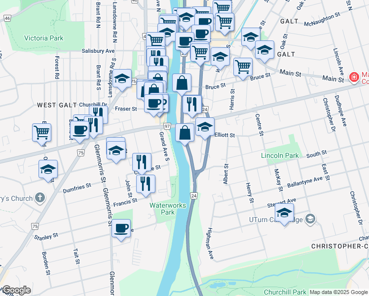 map of restaurants, bars, coffee shops, grocery stores, and more near 150 Water Street South in Cambridge