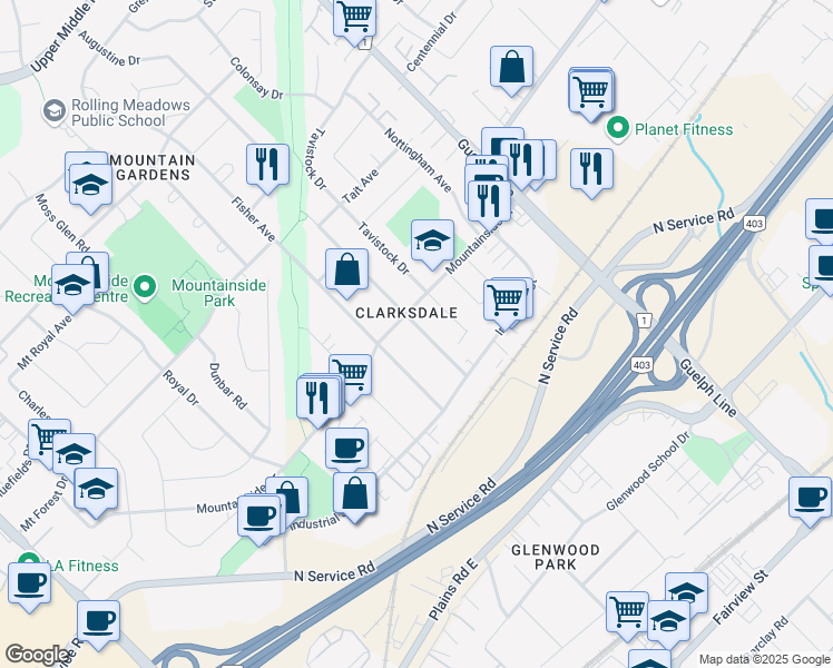 map of restaurants, bars, coffee shops, grocery stores, and more near 1164 Homewood Drive in Burlington