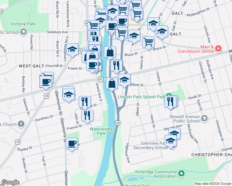 map of restaurants, bars, coffee shops, grocery stores, and more near 155 Water Street South in Cambridge