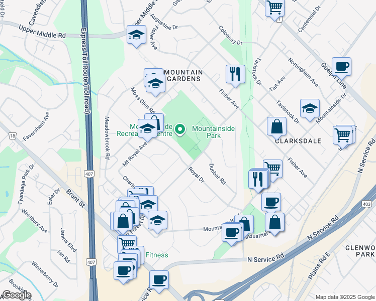 map of restaurants, bars, coffee shops, grocery stores, and more near 2205 Mount Forest Drive in Burlington