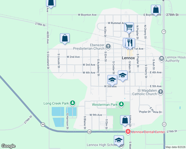 map of restaurants, bars, coffee shops, grocery stores, and more near 401-499 S Garfield St in Lennox