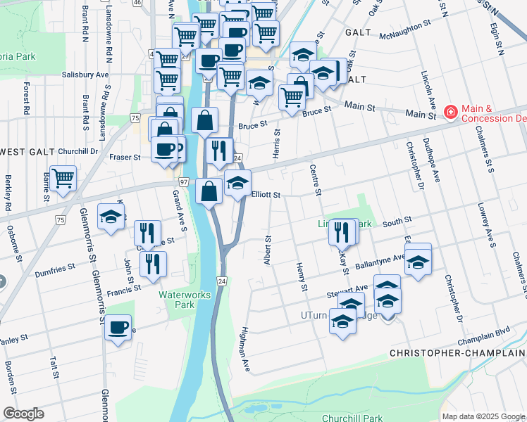 map of restaurants, bars, coffee shops, grocery stores, and more near 36 Birch Street in Cambridge