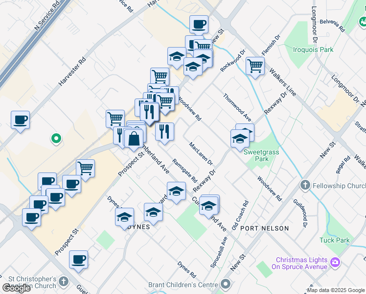 map of restaurants, bars, coffee shops, grocery stores, and more near 665 Montego Crescent in Burlington