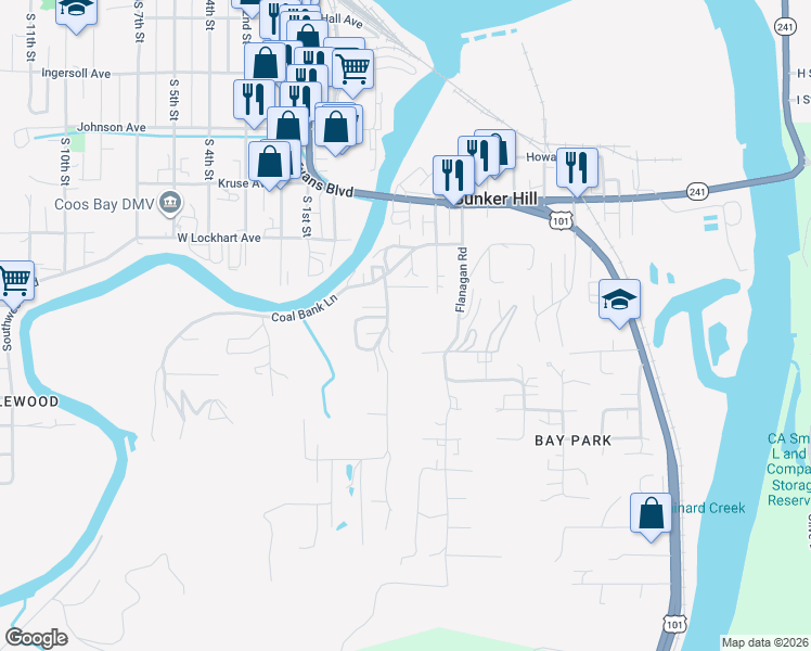map of restaurants, bars, coffee shops, grocery stores, and more near 63643 Andrews Road in Coos Bay