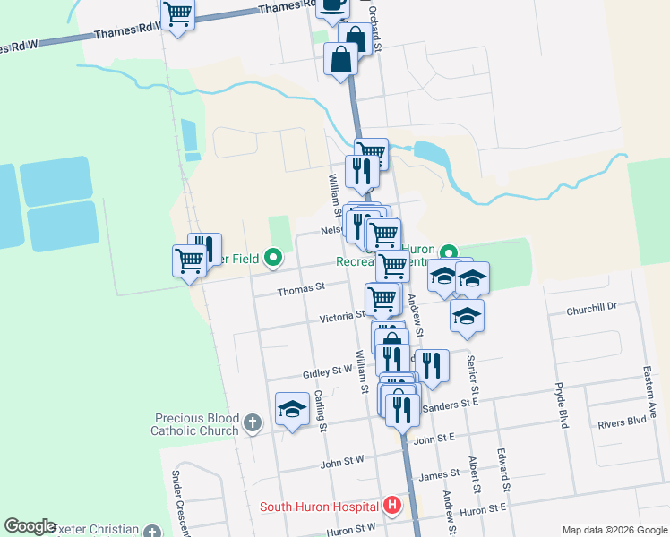 map of restaurants, bars, coffee shops, grocery stores, and more near 130 William Street in Exeter