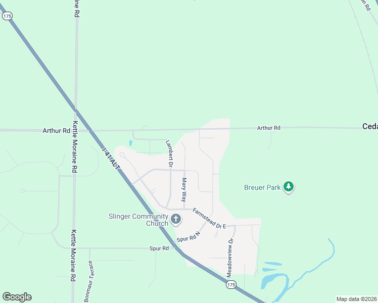 map of restaurants, bars, coffee shops, grocery stores, and more near 675 Mary Way in Slinger