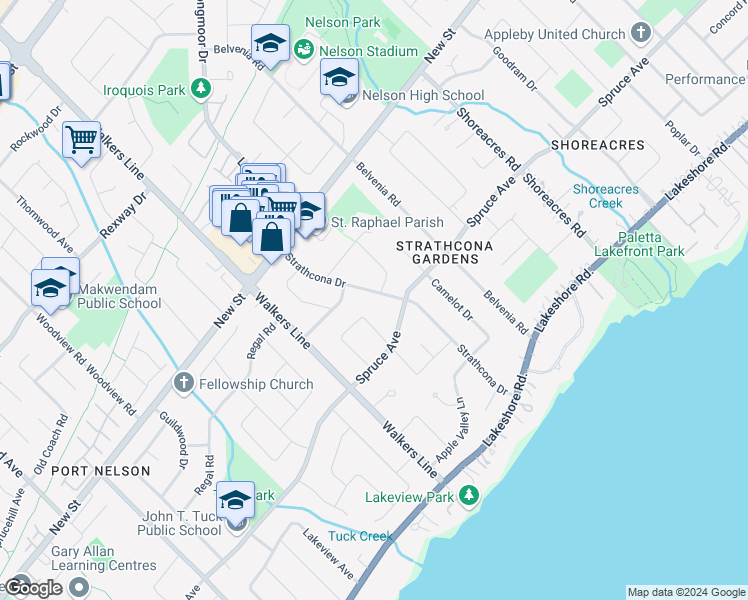 map of restaurants, bars, coffee shops, grocery stores, and more near 348 Strathcona Drive in Burlington