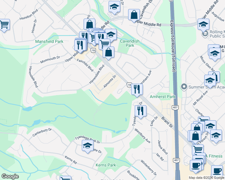 map of restaurants, bars, coffee shops, grocery stores, and more near 2076 Coppenwood Common in Burlington