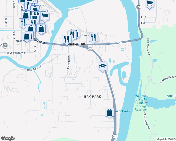 map of restaurants, bars, coffee shops, grocery stores, and more near 63643 Paramount Way in Coos Bay
