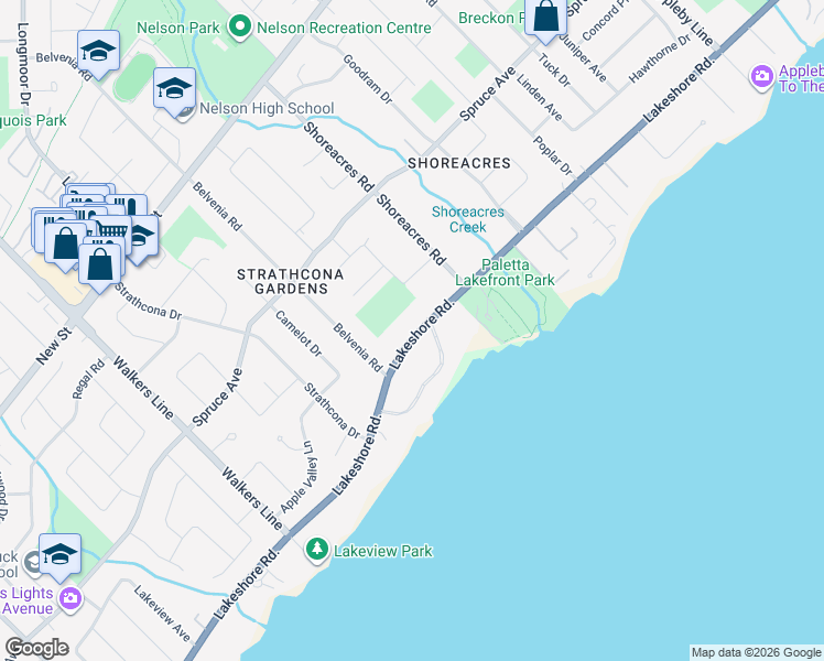 map of restaurants, bars, coffee shops, grocery stores, and more near 4199 Lakeshore Road in Burlington