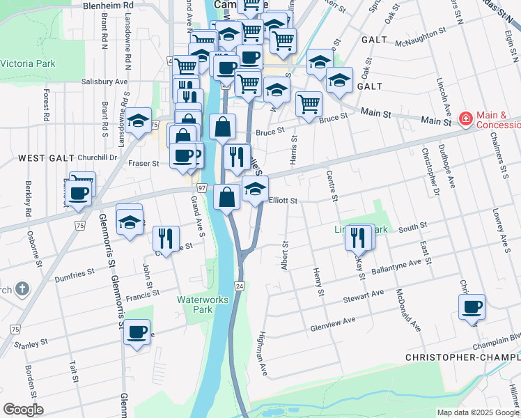 map of restaurants, bars, coffee shops, grocery stores, and more near Ainslie Street South in Cambridge