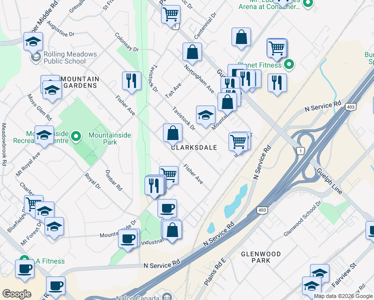 map of restaurants, bars, coffee shops, grocery stores, and more near 2343 Mountainside Drive in Burlington