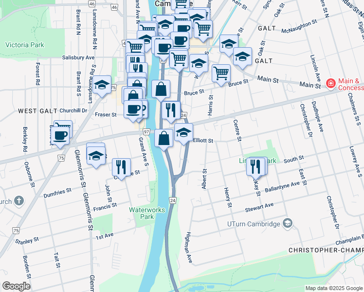 map of restaurants, bars, coffee shops, grocery stores, and more near 235 Ainslie Street South in Cambridge