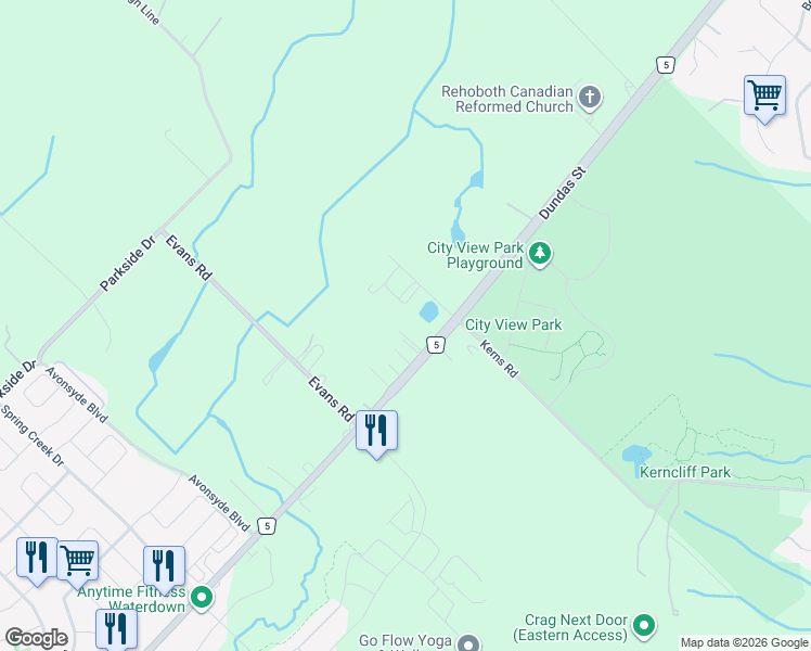 map of restaurants, bars, coffee shops, grocery stores, and more near 591 Dundas Street East in Hamilton